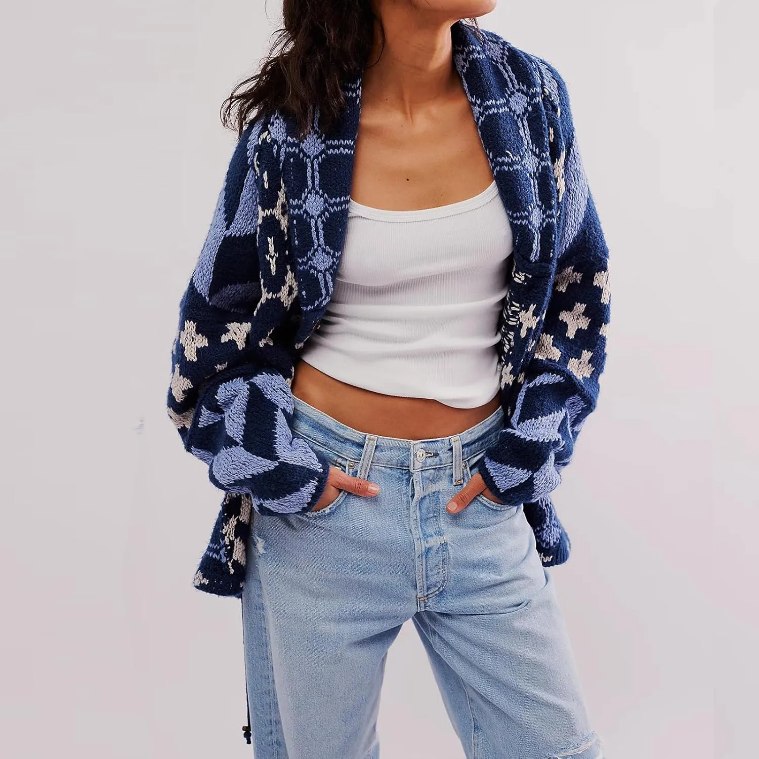 Women Shawl Collar Cardigan Sweater Y2k Print Botton Down Oversized Sweater Vintage Knit Sweater Coat Fall Fashion