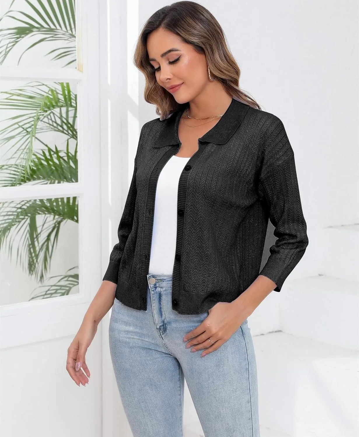 Women Spring Casual Cropped Cardigan 3/4 Sleeve Lightweight Button Down Lapel Collar Hollow Out 2025 Knit Cardigans
