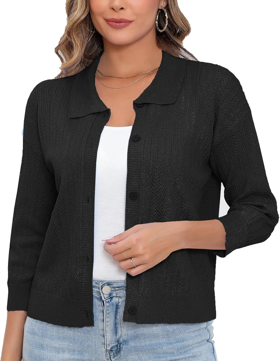 Women Spring Casual Cropped Cardigan 3/4 Sleeve Lightweight Button Down Lapel Collar Hollow Out 2025 Knit Cardigans
