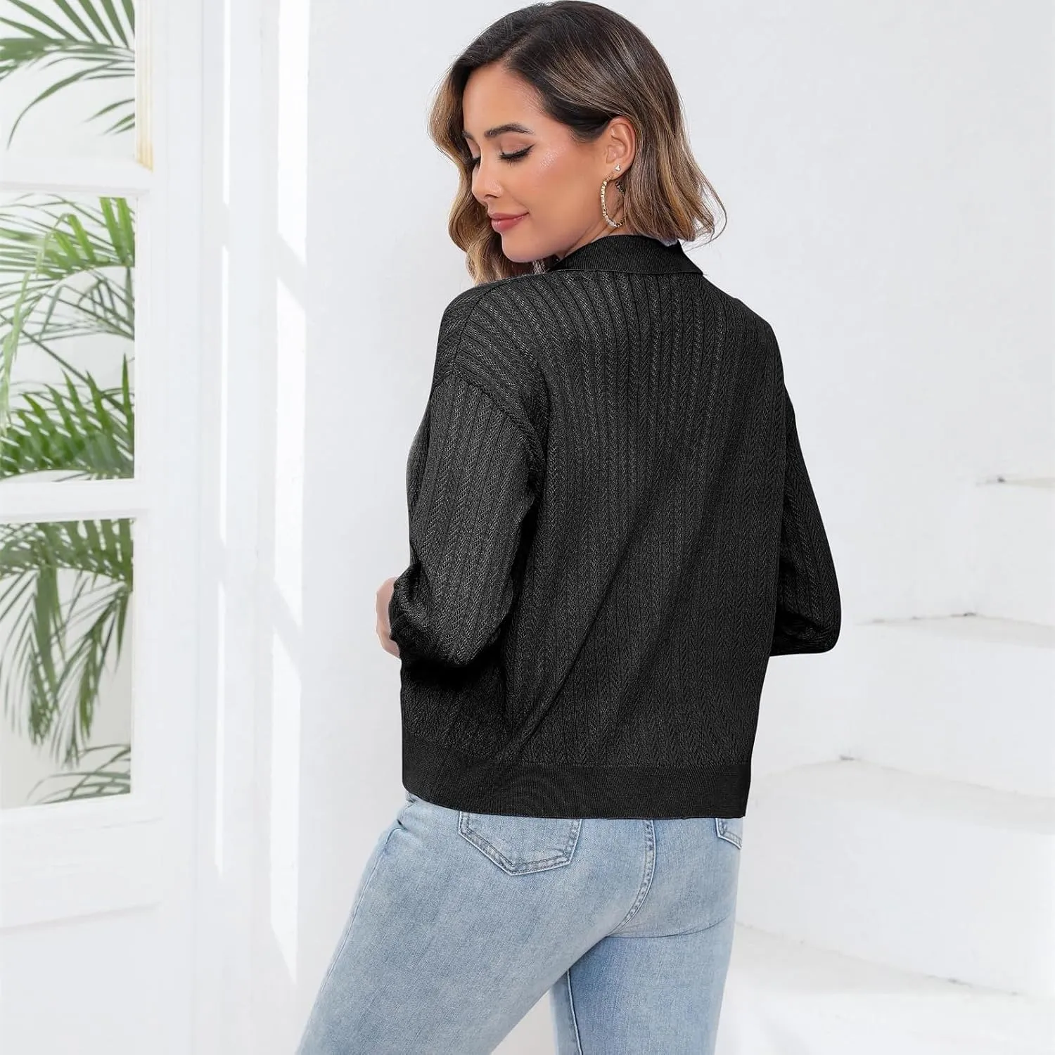 Women Spring Casual Cropped Cardigan 3/4 Sleeve Lightweight Button Down Lapel Collar Hollow Out 2025 Knit Cardigans