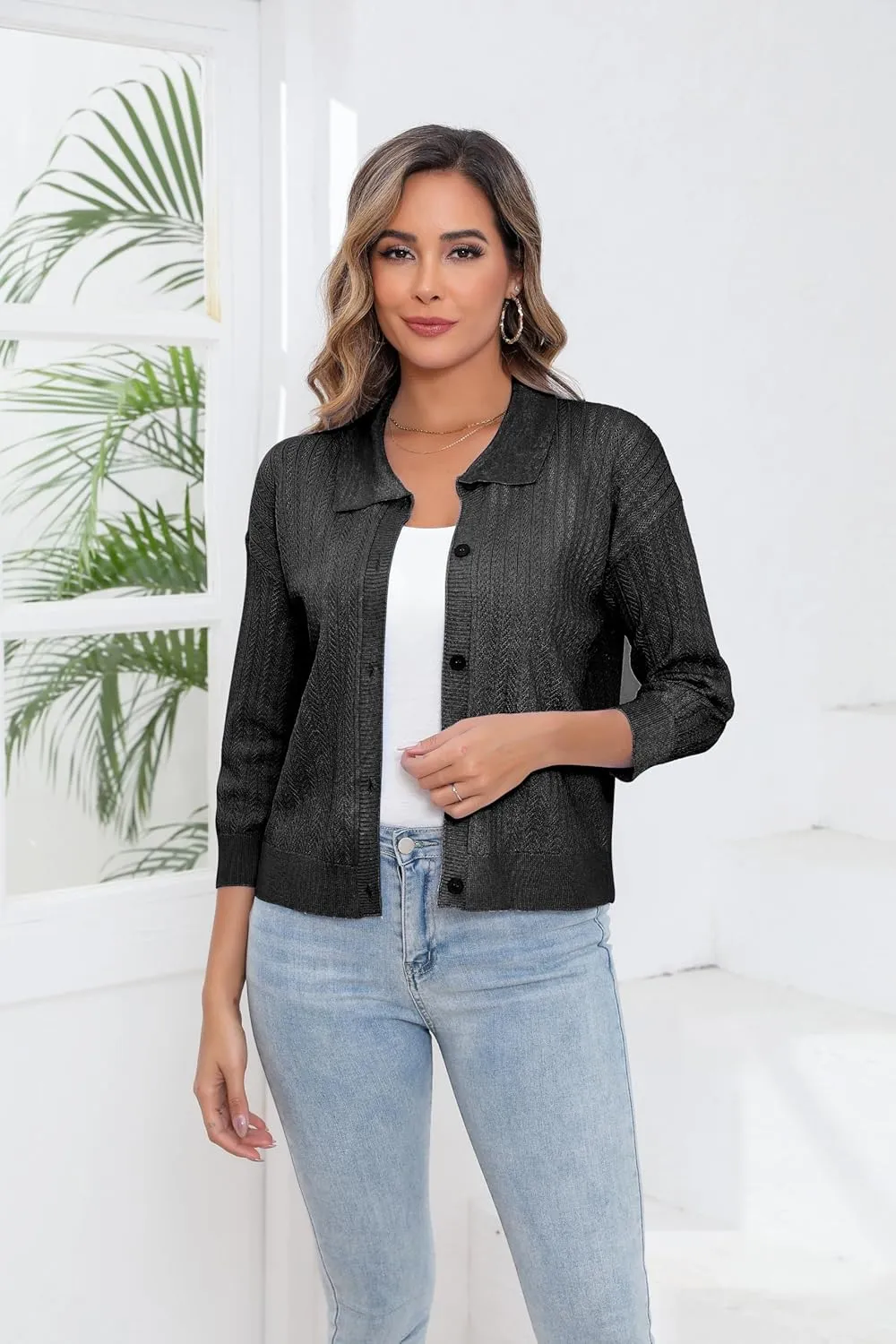 Women Spring Casual Cropped Cardigan 3/4 Sleeve Lightweight Button Down Lapel Collar Hollow Out 2025 Knit Cardigans