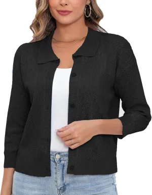 Women Spring Casual Cropped Cardigan 3/4 Sleeve Lightweight Button Down Lapel Collar Hollow Out 2025 Knit Cardigans