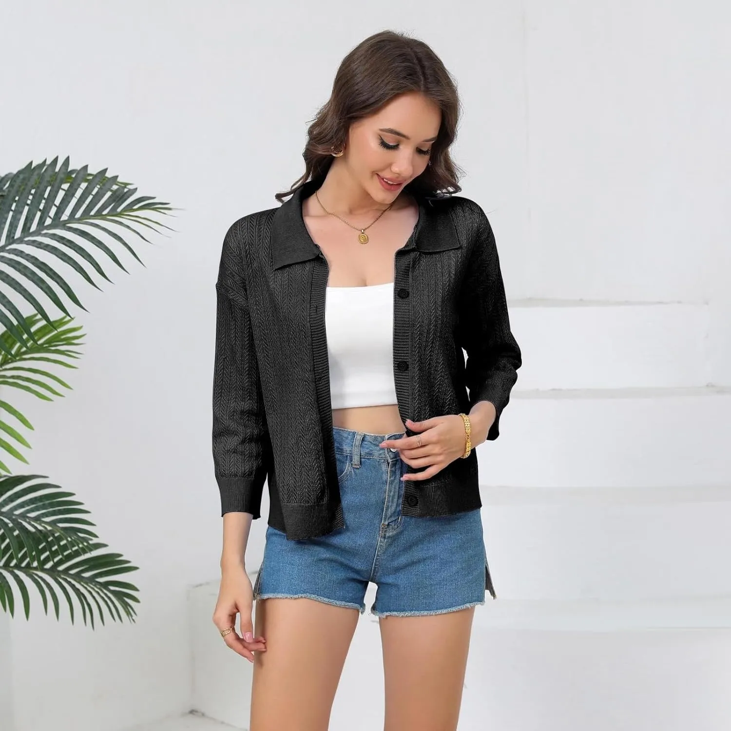Women Spring Casual Cropped Cardigan 3/4 Sleeve Lightweight Button Down Lapel Collar Hollow Out 2025 Knit Cardigans