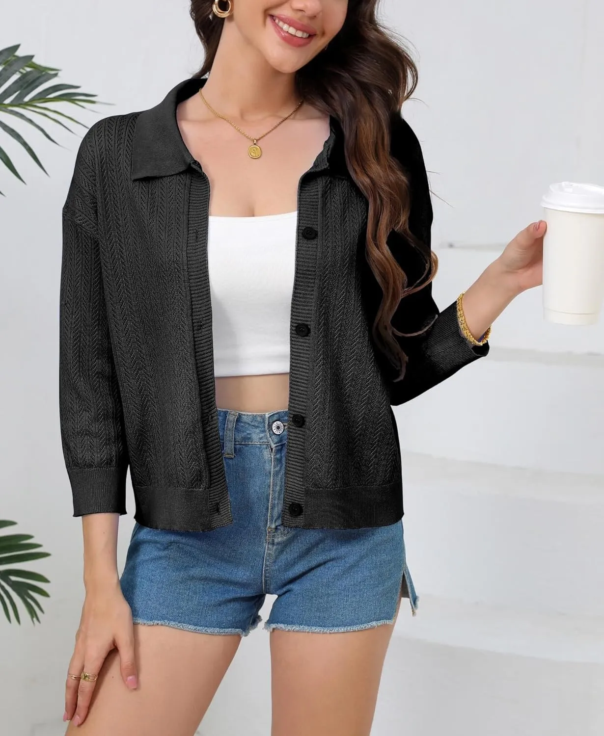 Women Spring Casual Cropped Cardigan 3/4 Sleeve Lightweight Button Down Lapel Collar Hollow Out 2025 Knit Cardigans