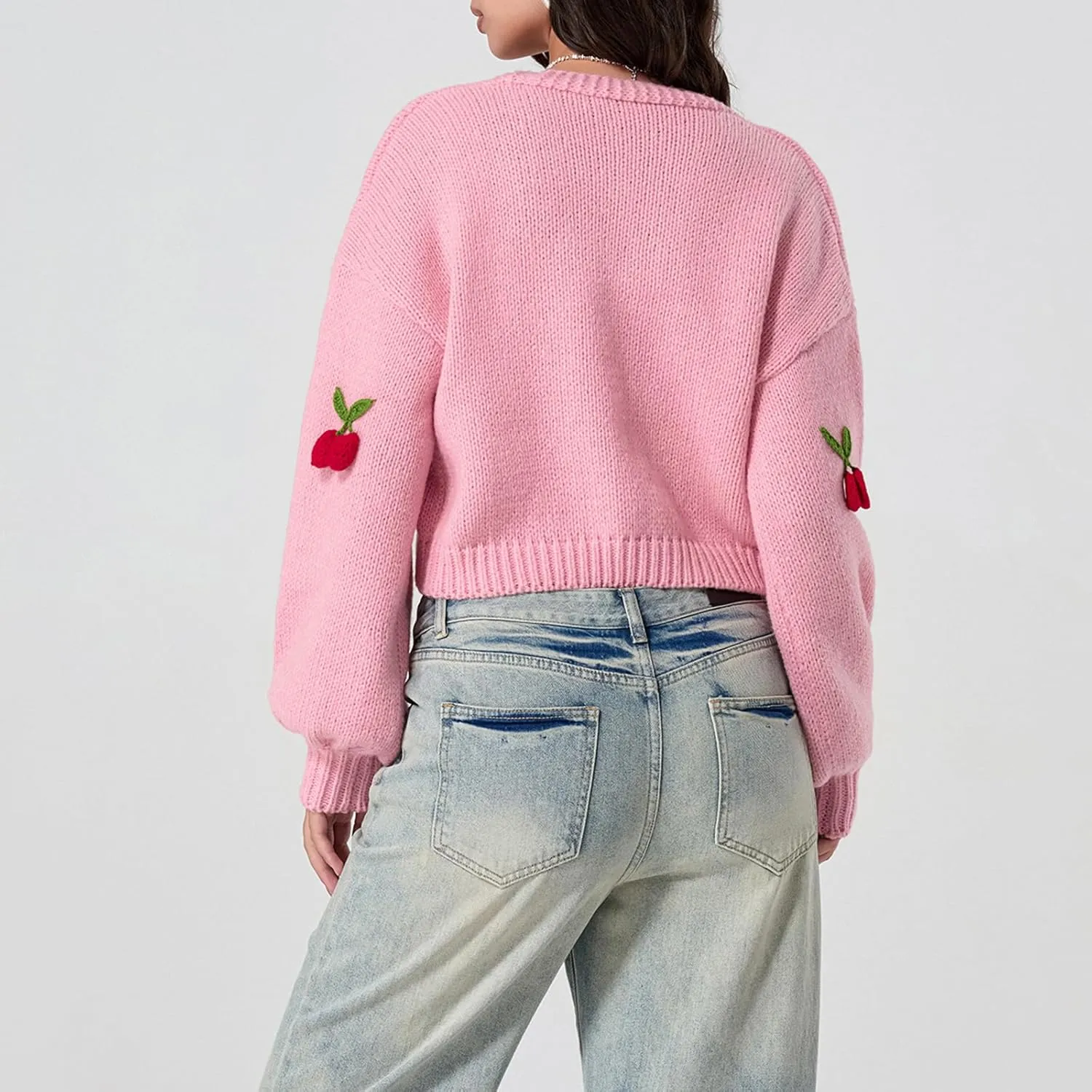 Women Strawberry Cardigan Trendy Button Down V Neck Sweater Cute Cherry Embroidered Knit Cardigan Outerwear