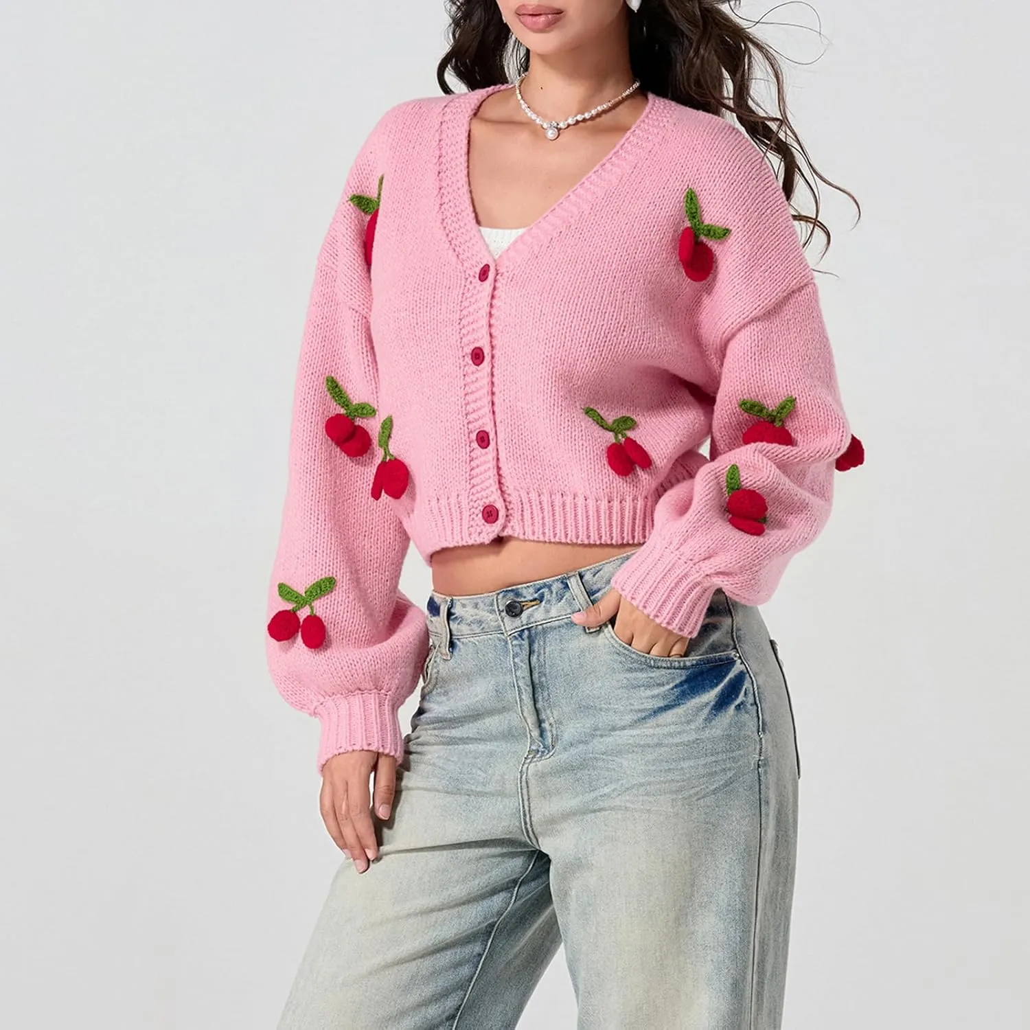 Women Strawberry Cardigan Trendy Button Down V Neck Sweater Cute Cherry Embroidered Knit Cardigan Outerwear