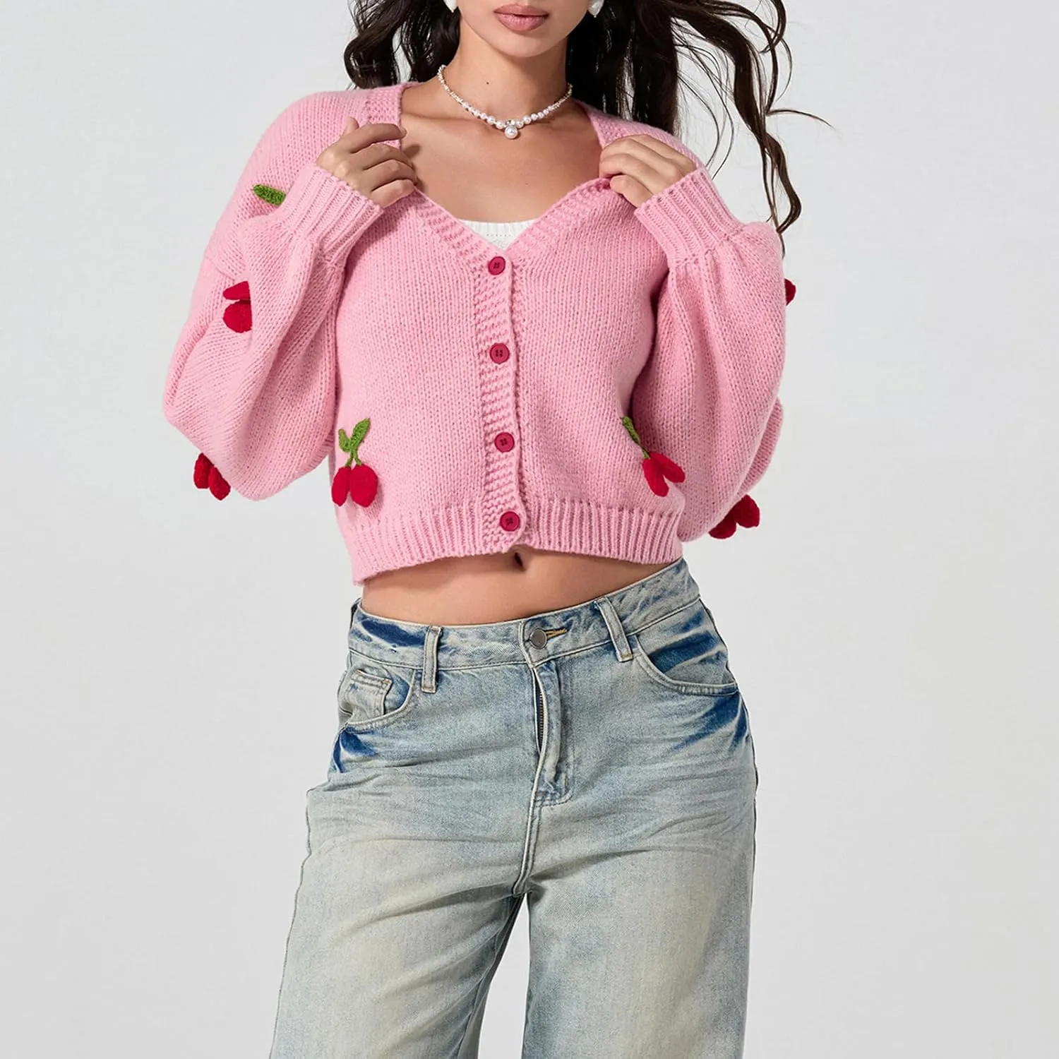 Women Strawberry Cardigan Trendy Button Down V Neck Sweater Cute Cherry Embroidered Knit Cardigan Outerwear