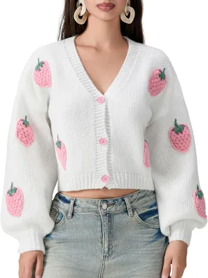 Women Strawberry Cardigan Trendy Button Down V Neck Sweater Cute Cherry Embroidered Knit Cardigan Outerwear