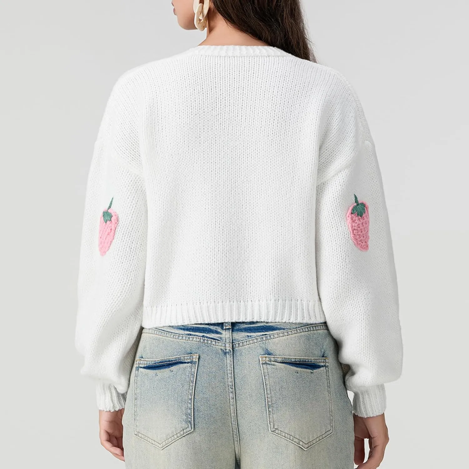 Women Strawberry Cardigan Trendy Button Down V Neck Sweater Cute Cherry Embroidered Knit Cardigan Outerwear