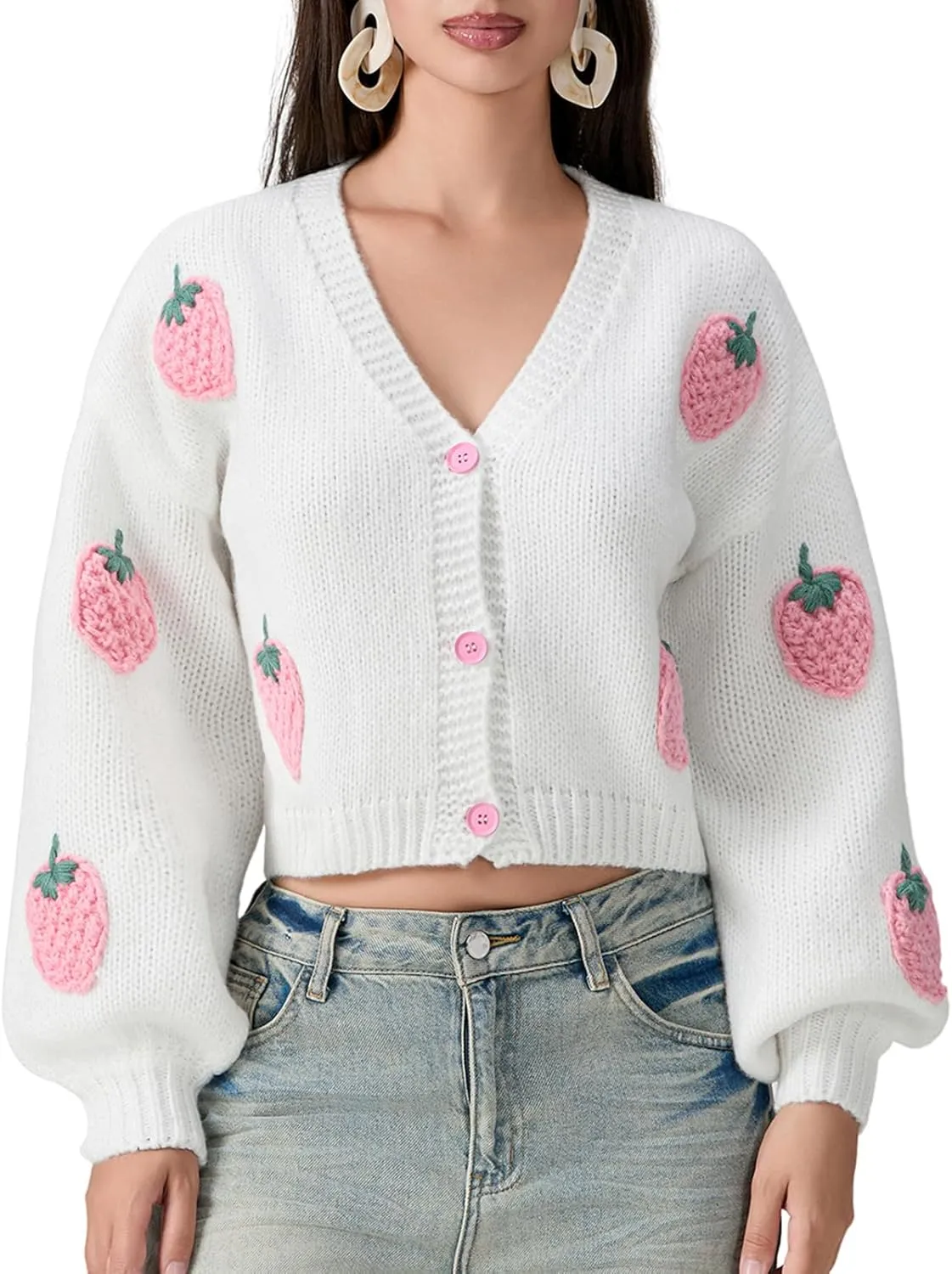 Women Strawberry Cardigan Trendy Button Down V Neck Sweater Cute Cherry Embroidered Knit Cardigan Outerwear