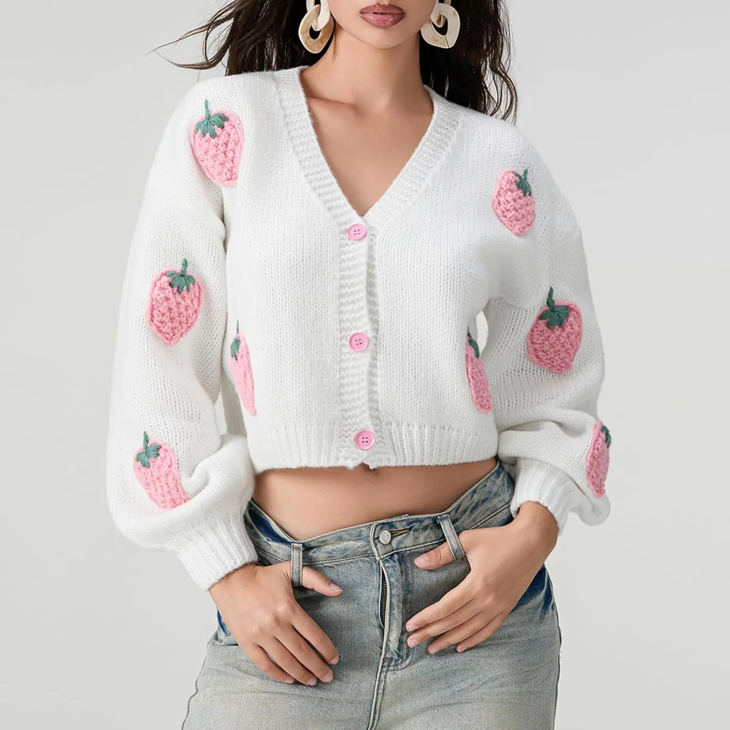 Women Strawberry Cardigan Trendy Button Down V Neck Sweater Cute Cherry Embroidered Knit Cardigan Outerwear