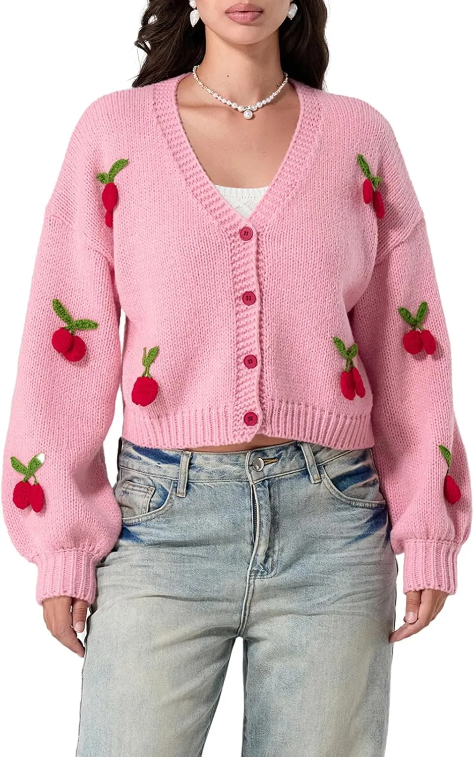 Women Strawberry Cardigan Trendy Button Down V Neck Sweater Cute Cherry Embroidered Knit Cardigan Outerwear