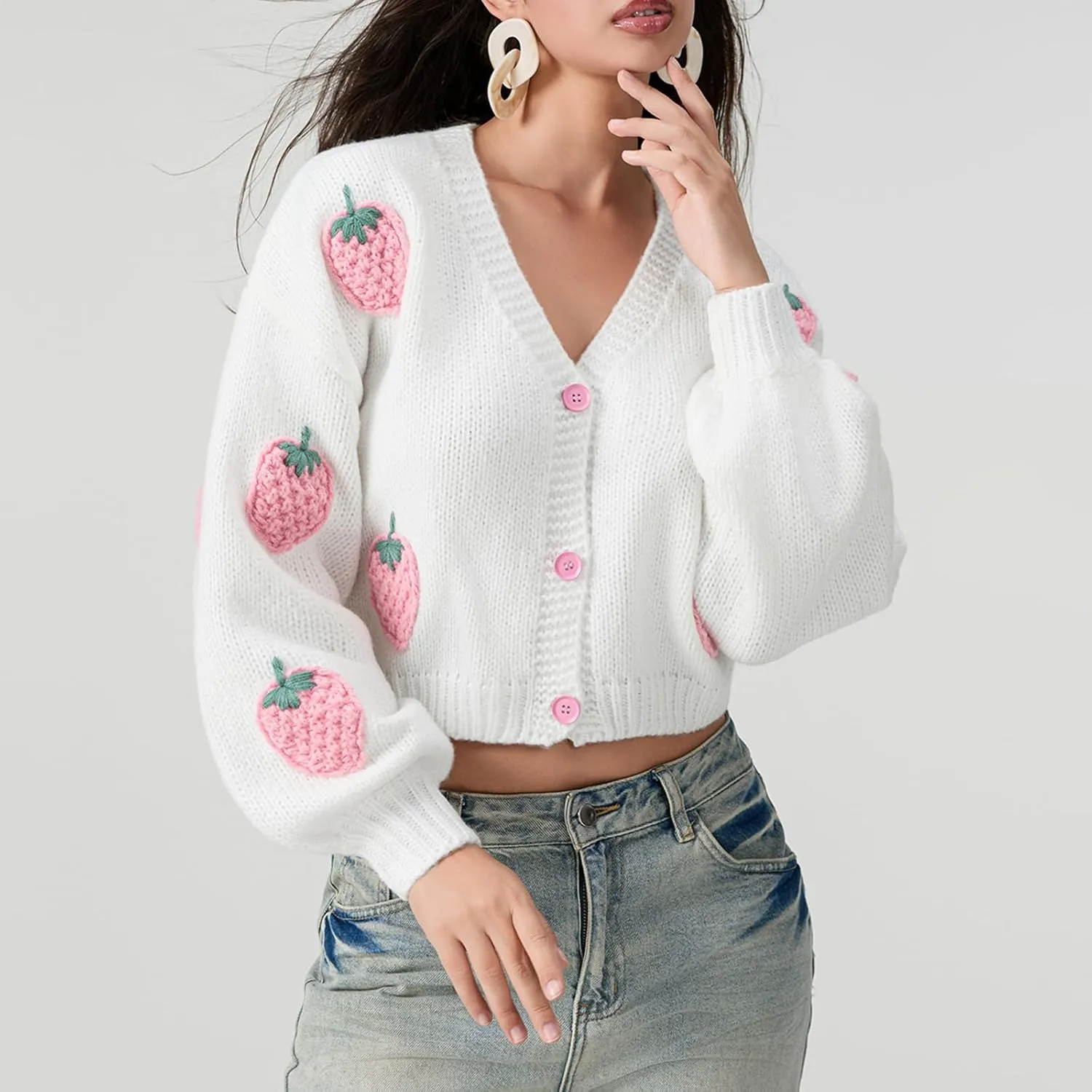 Women Strawberry Cardigan Trendy Button Down V Neck Sweater Cute Cherry Embroidered Knit Cardigan Outerwear
