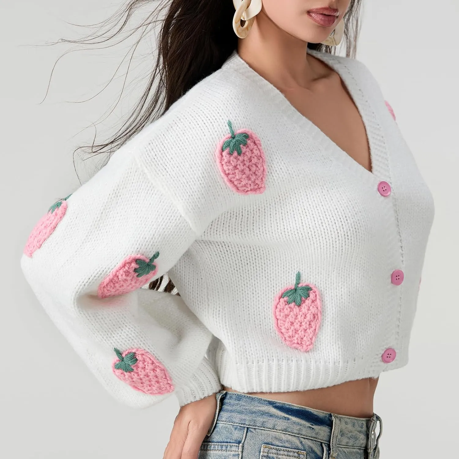 Women Strawberry Cardigan Trendy Button Down V Neck Sweater Cute Cherry Embroidered Knit Cardigan Outerwear