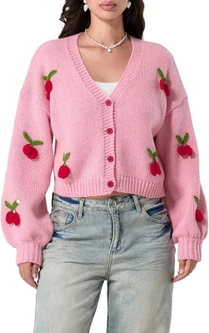 Women Strawberry Cardigan Trendy Button Down V Neck Sweater Cute Cherry Embroidered Knit Cardigan Outerwear