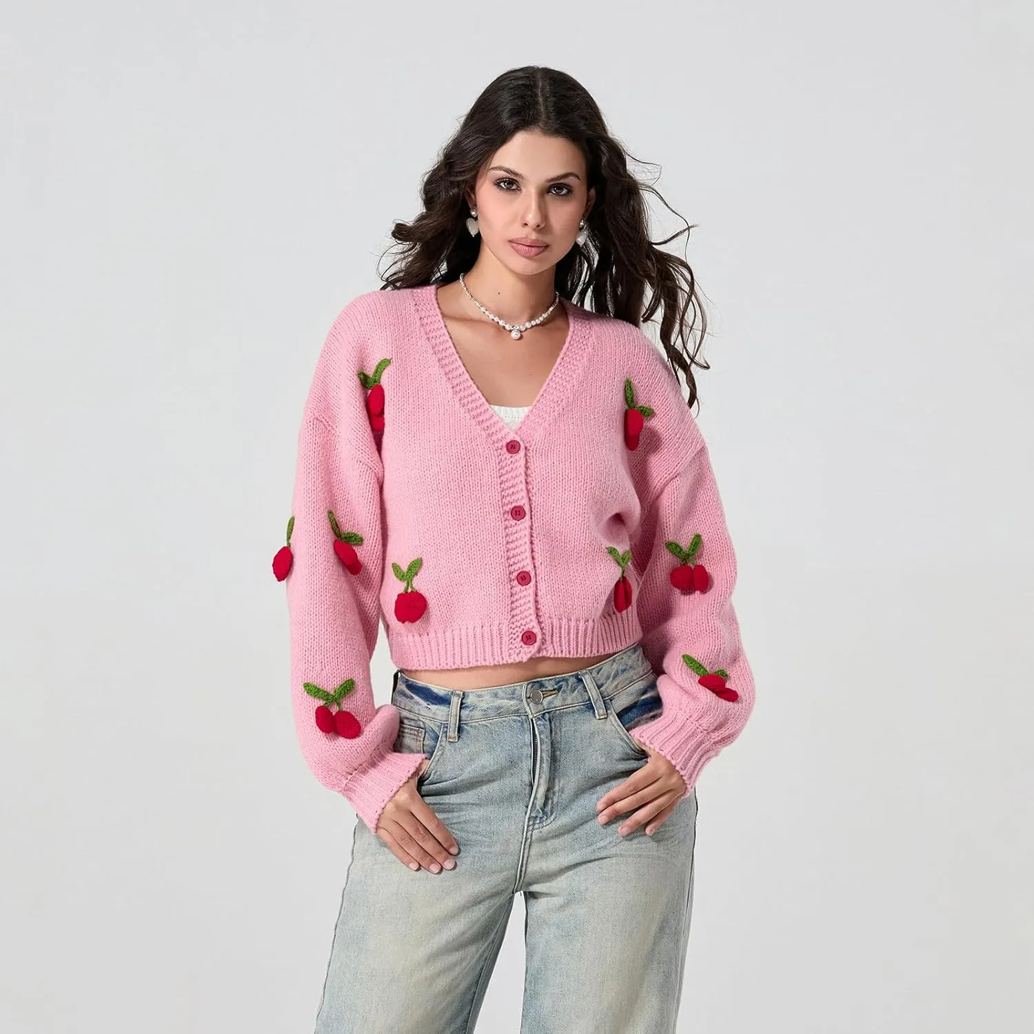 Women Strawberry Cardigan Trendy Button Down V Neck Sweater Cute Cherry Embroidered Knit Cardigan Outerwear