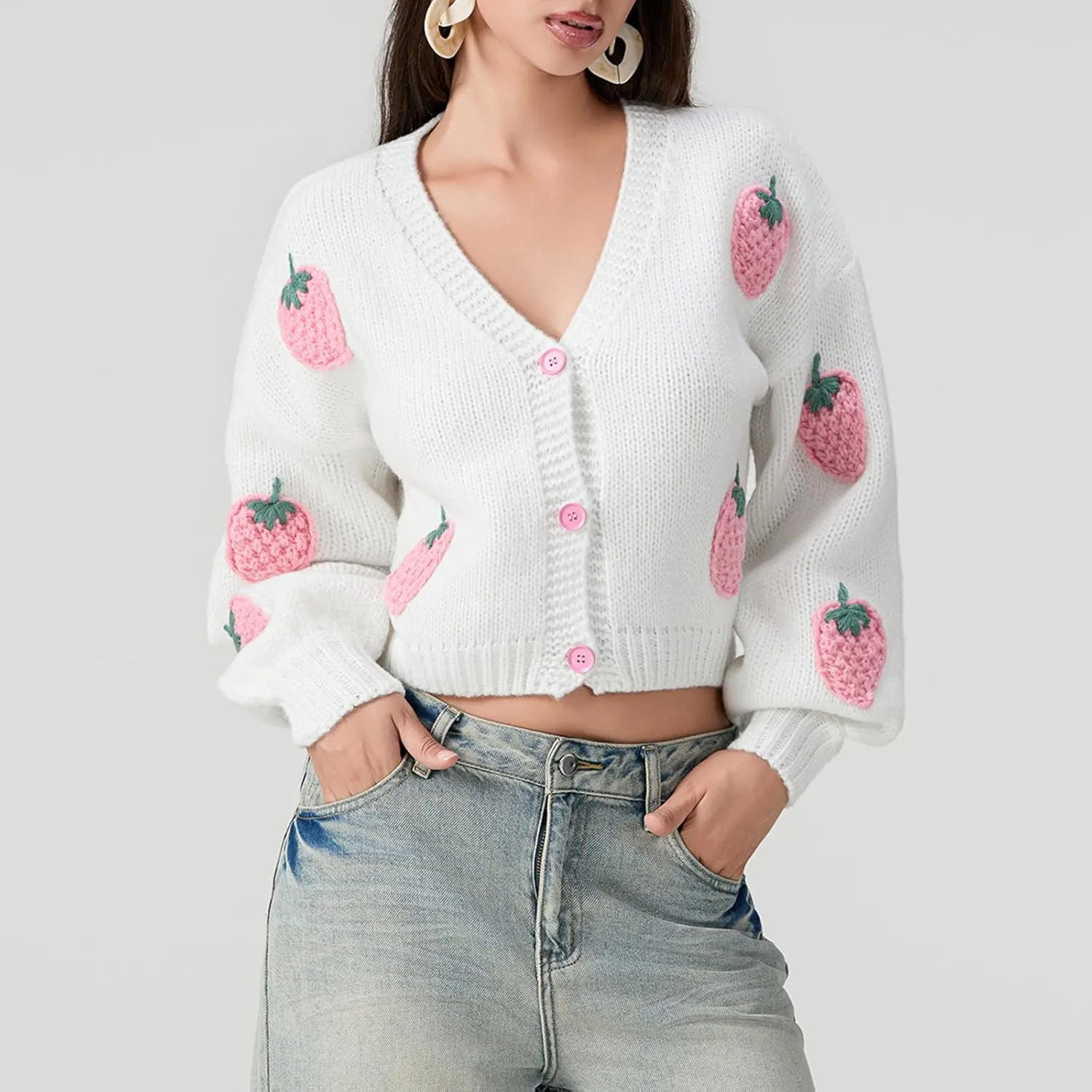 Women Strawberry Cardigan Trendy Button Down V Neck Sweater Cute Cherry Embroidered Knit Cardigan Outerwear