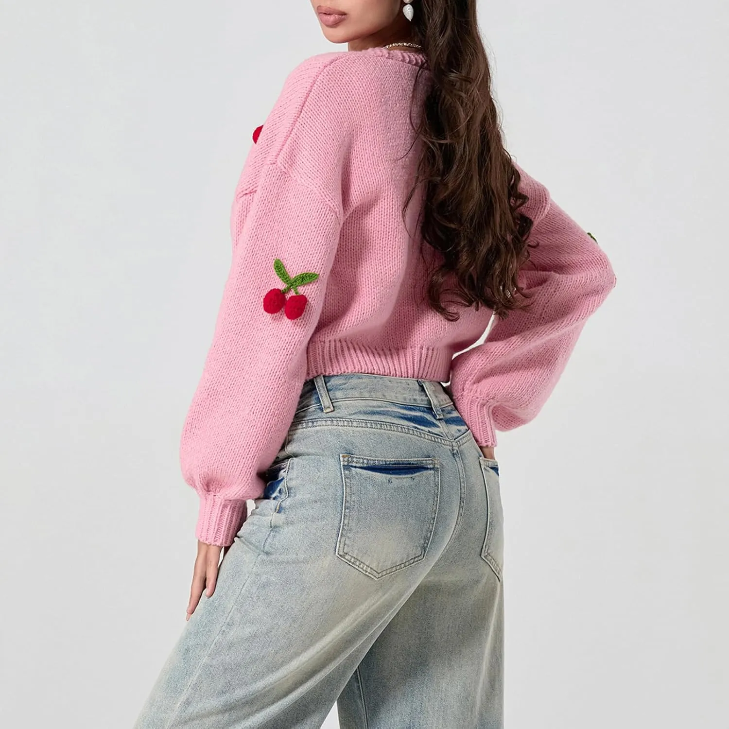 Women Strawberry Cardigan Trendy Button Down V Neck Sweater Cute Cherry Embroidered Knit Cardigan Outerwear