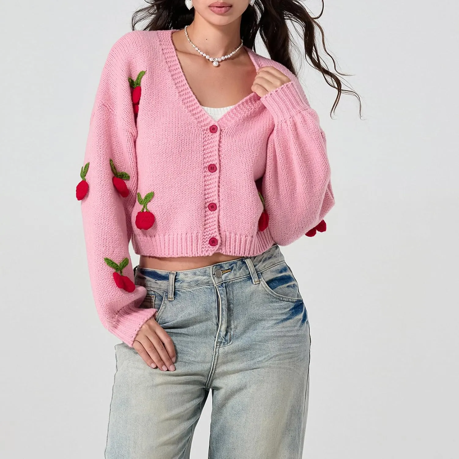 Women Strawberry Cardigan Trendy Button Down V Neck Sweater Cute Cherry Embroidered Knit Cardigan Outerwear