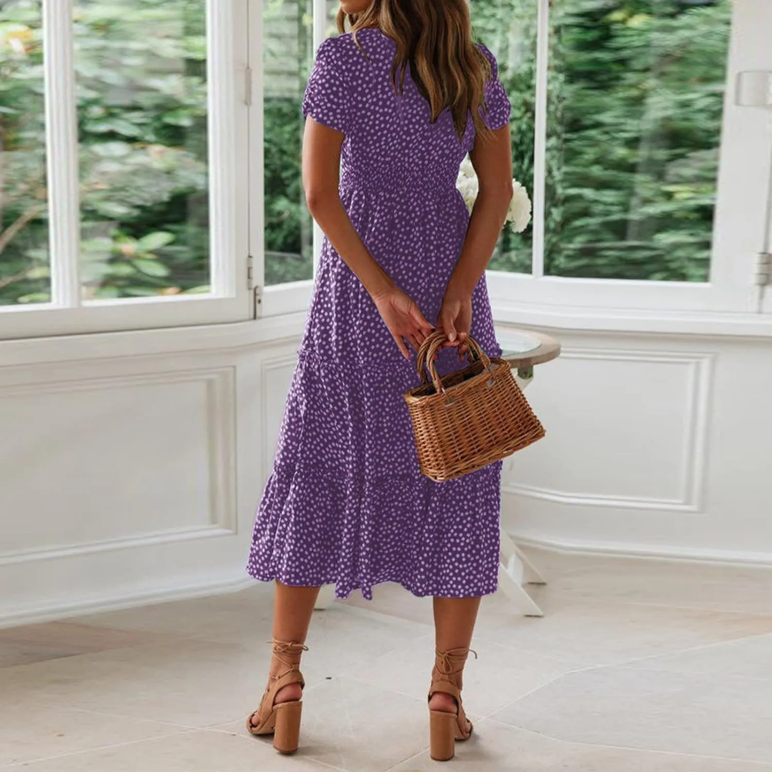 Women Summer Boho Dress Casual Beachwear Sundresses Flowy Floral Print Square Neck Ruffle Swing Long Maxi Dress