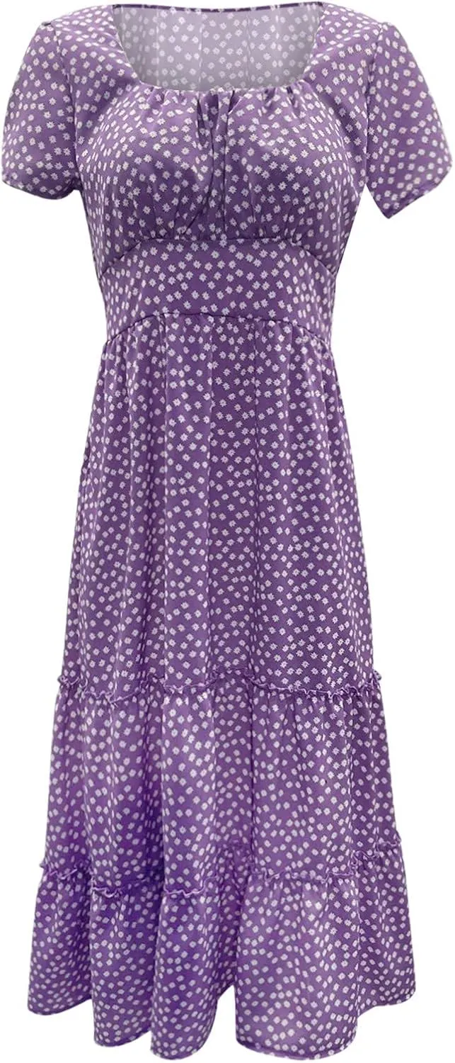Women Summer Boho Dress Casual Beachwear Sundresses Flowy Floral Print Square Neck Ruffle Swing Long Maxi Dress