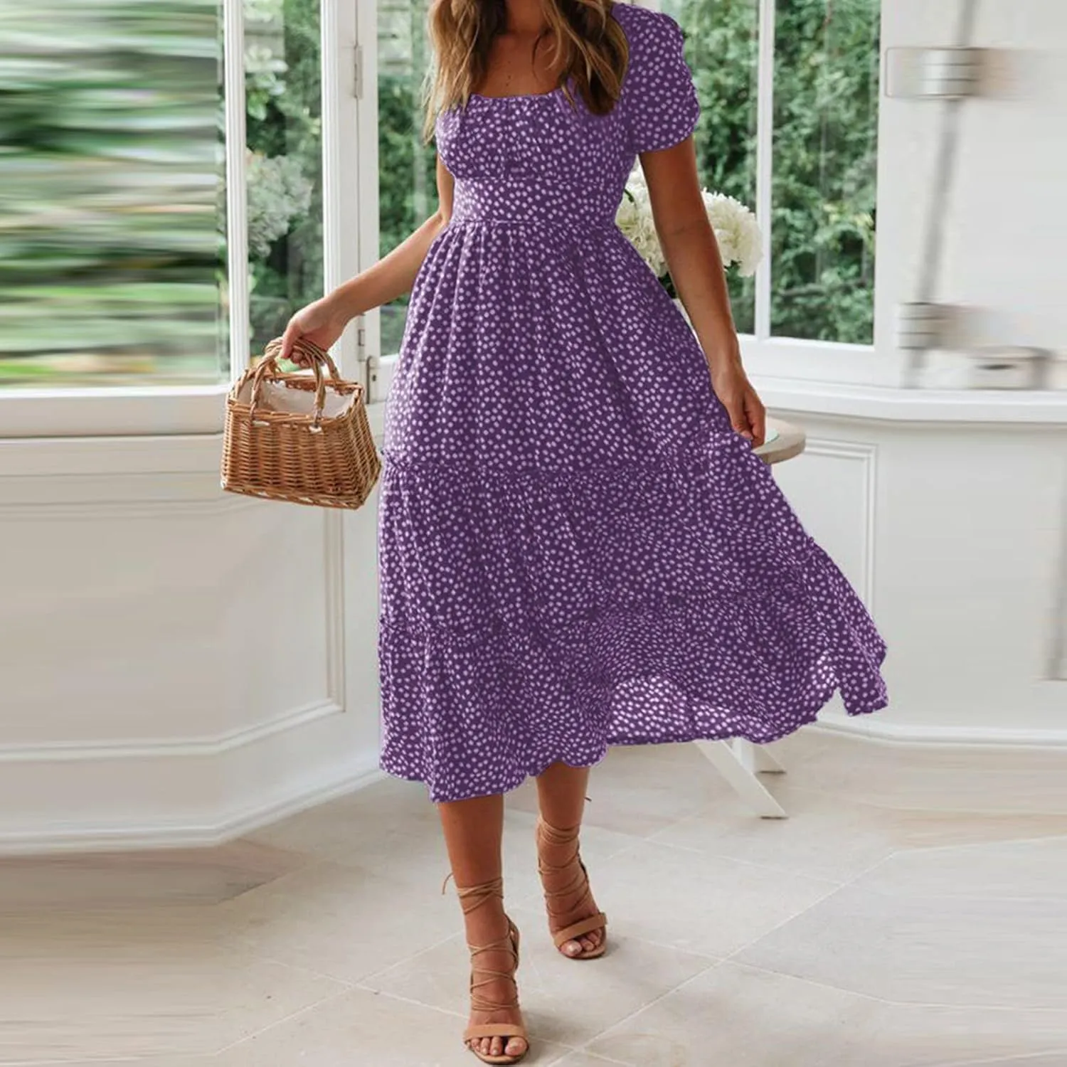 Women Summer Boho Dress Casual Beachwear Sundresses Flowy Floral Print Square Neck Ruffle Swing Long Maxi Dress