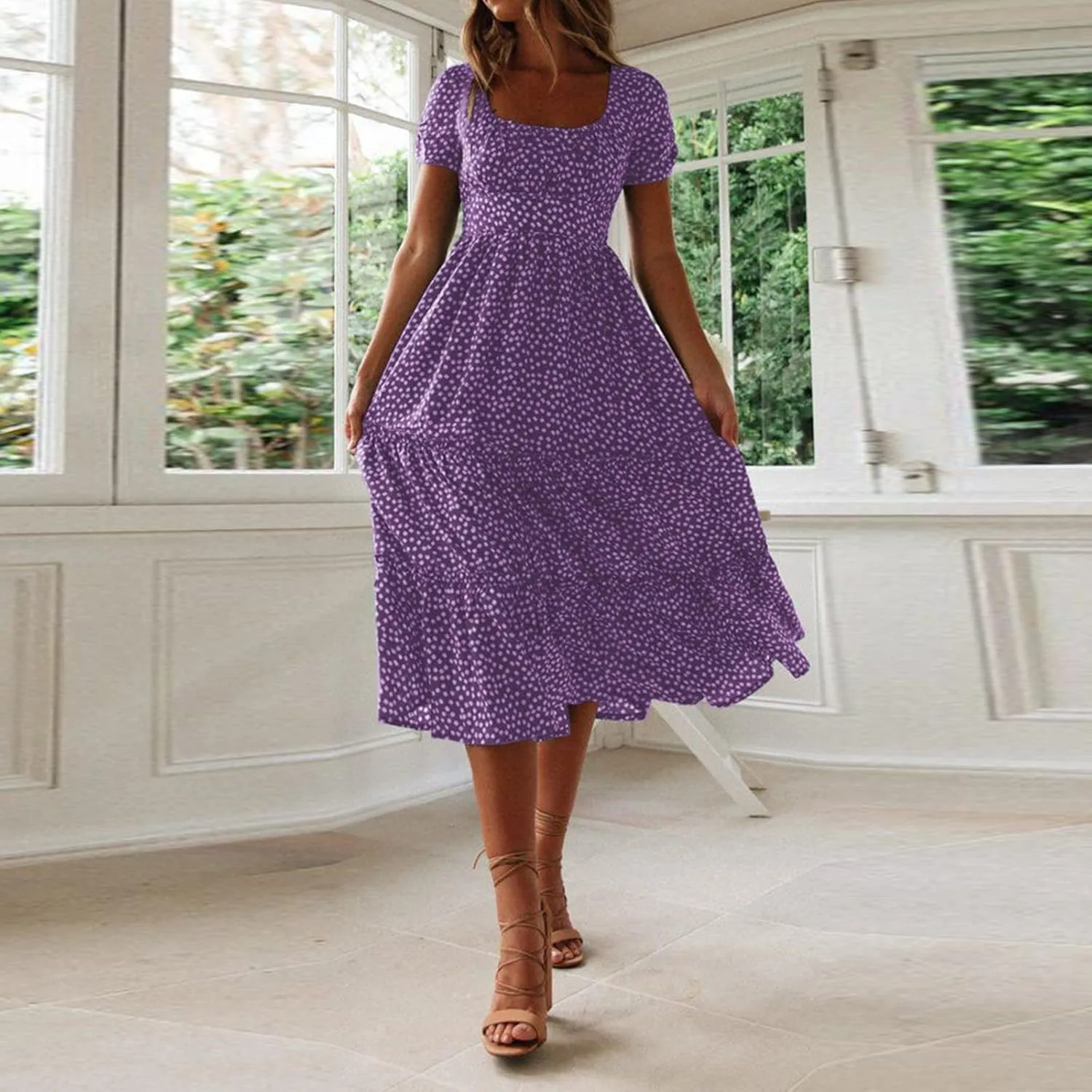 Women Summer Boho Dress Casual Beachwear Sundresses Flowy Floral Print Square Neck Ruffle Swing Long Maxi Dress