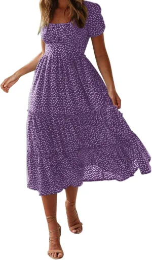 Women Summer Boho Dress Casual Beachwear Sundresses Flowy Floral Print Square Neck Ruffle Swing Long Maxi Dress