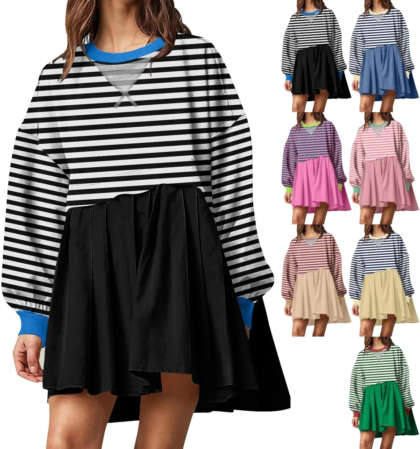 Women Sweatshirts Dress Oversized Striped Long Sleeve Crewneck Pullover Tops Casual Mini Dress Fall Outfits 2024