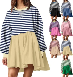 Women Sweatshirts Dress Oversized Striped Long Sleeve Crewneck Pullover Tops Casual Mini Dress Fall Outfits 2024
