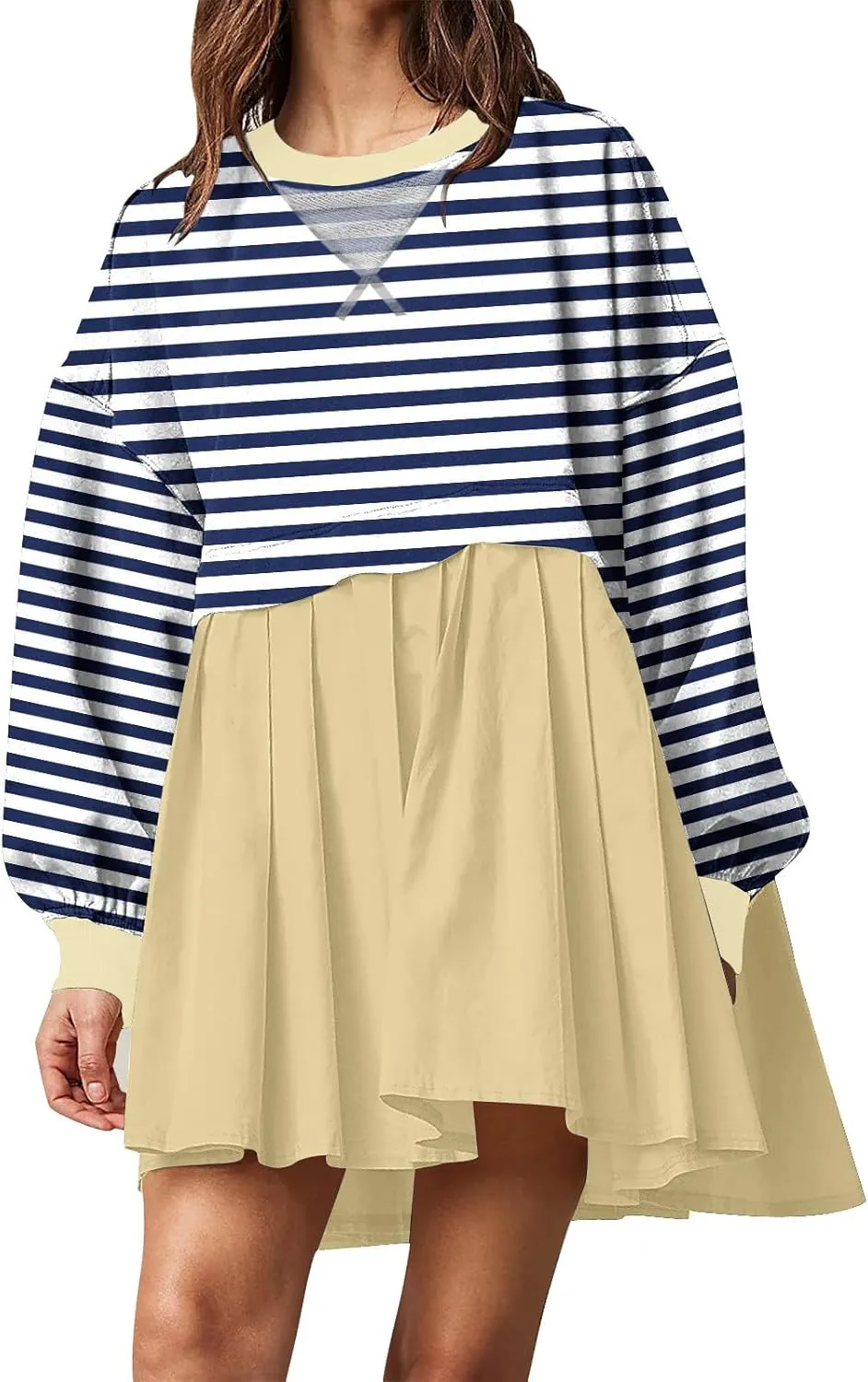 Women Sweatshirts Dress Oversized Striped Long Sleeve Crewneck Pullover Tops Casual Mini Dress Fall Outfits 2024