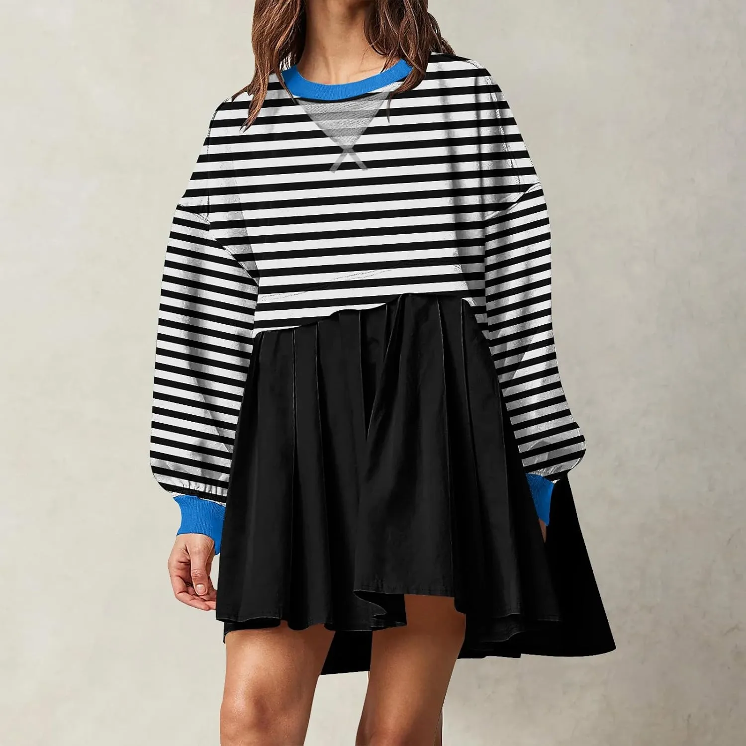 Women Sweatshirts Dress Oversized Striped Long Sleeve Crewneck Pullover Tops Casual Mini Dress Fall Outfits 2024