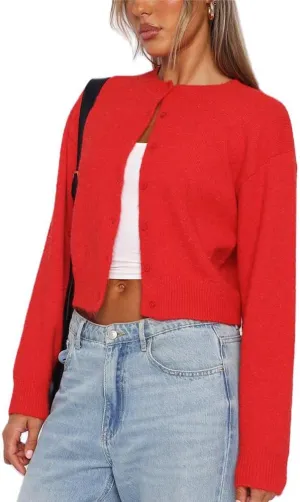 Women Y2k Crop Cardigan Sweater Crop Button Down Cardigan Cute Long Sleeve Sweater Open Front Lightweight Knit Tops