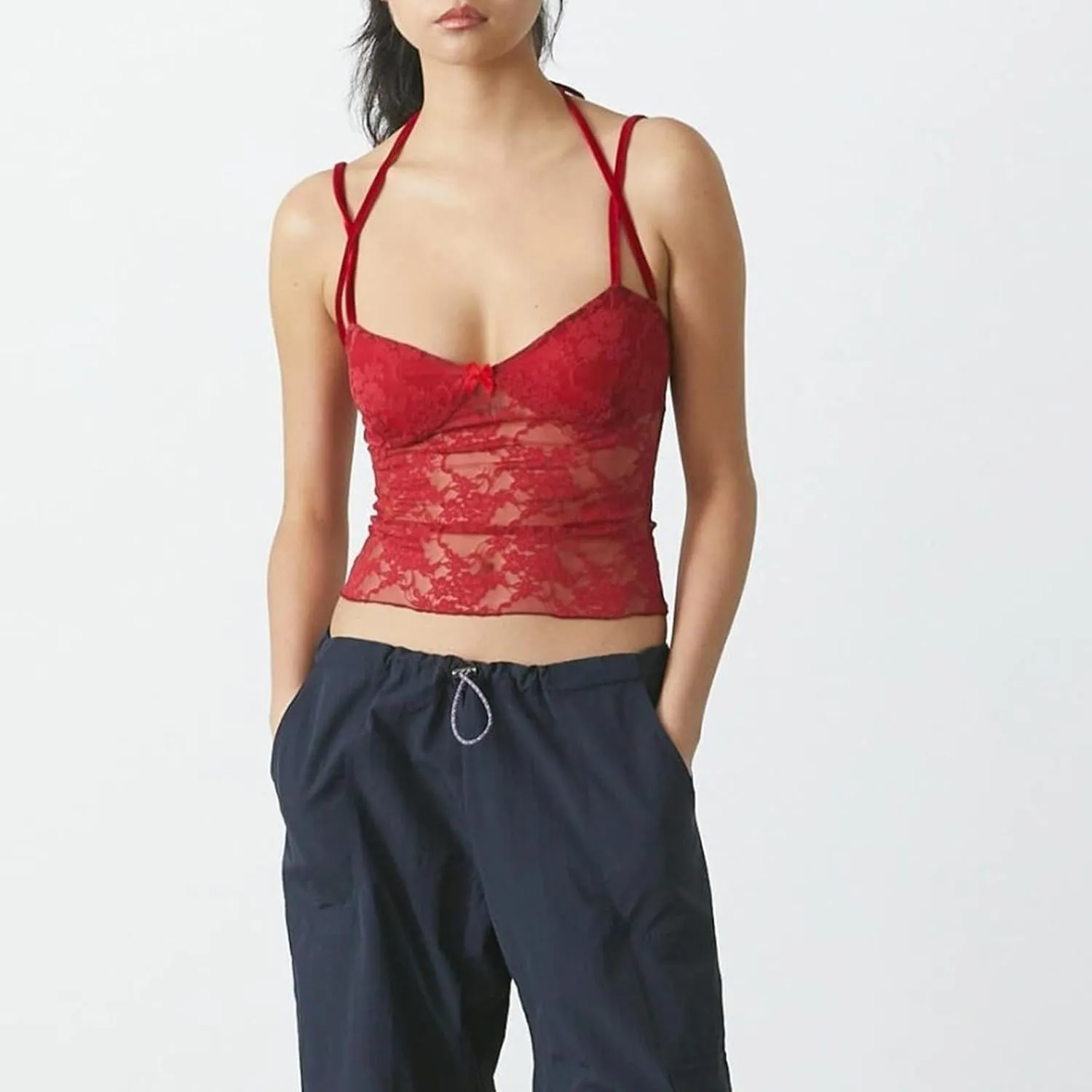 Women Y2K Lace Cami Crop Top Sleeveless Backless Spaghetti Strap Slim Tank Tops Sexy Mesh Floral Lace Camisoles