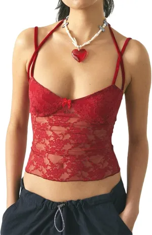 Women Y2K Lace Cami Crop Top Sleeveless Backless Spaghetti Strap Slim Tank Tops Sexy Mesh Floral Lace Camisoles