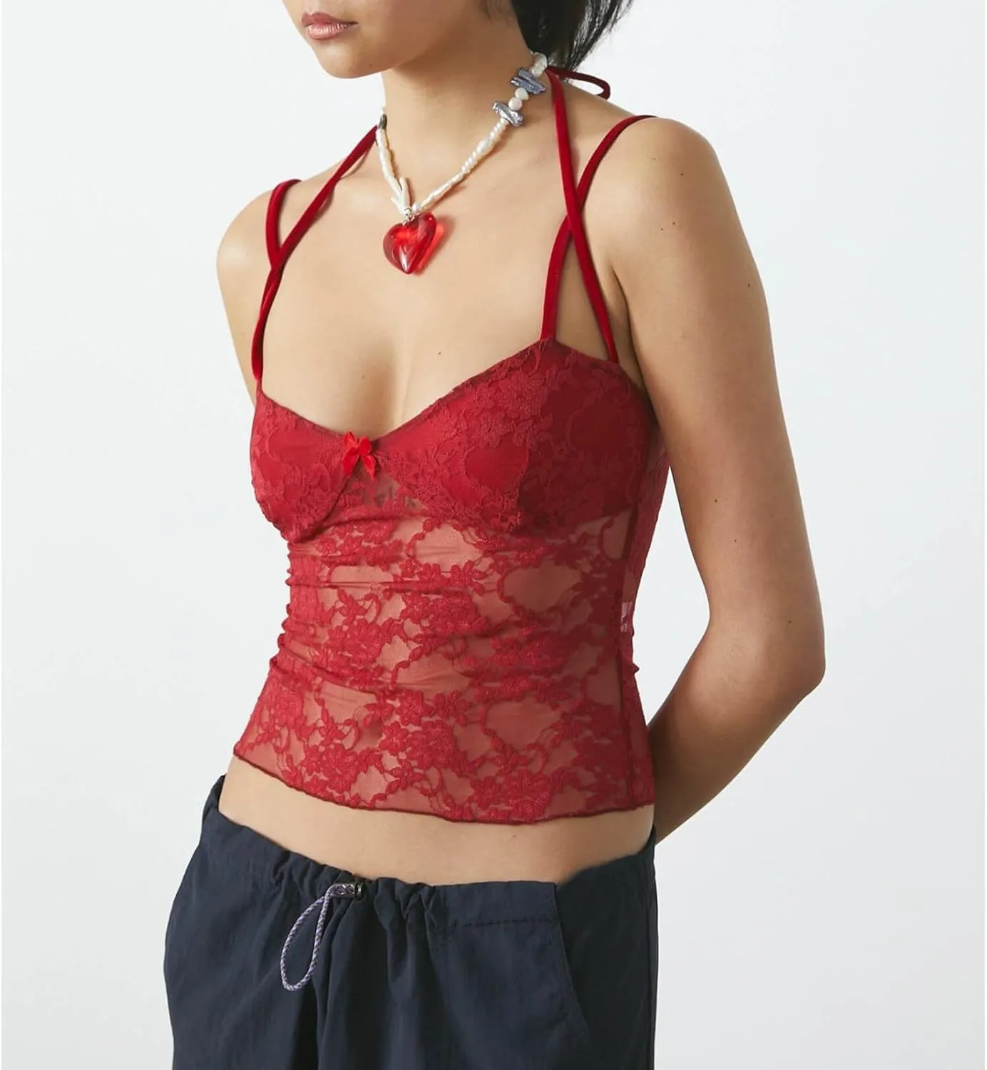 Women Y2K Lace Cami Crop Top Sleeveless Backless Spaghetti Strap Slim Tank Tops Sexy Mesh Floral Lace Camisoles