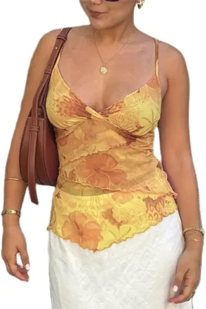Women Y2k Mesh Tank Top Camisole Floral Print Spaghetti Strap Sleeveless V Neck Going Out Tops Cami Shirts