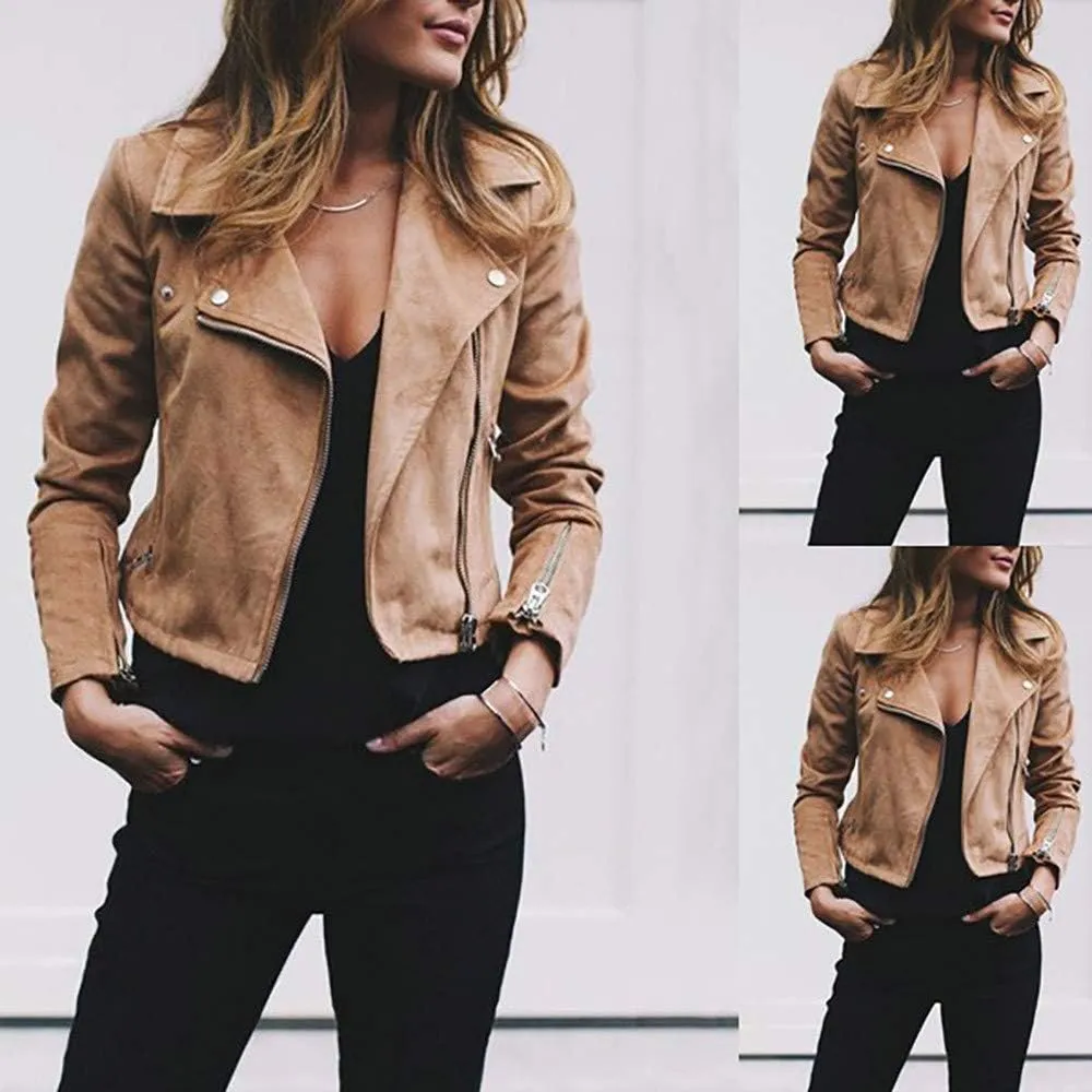 Womens 2024 Fashion Cool Zipper Solid Outwear Long Sleeve Lapel Overcoat Casual Loose Comfy Jacket Coat Daily Clothes