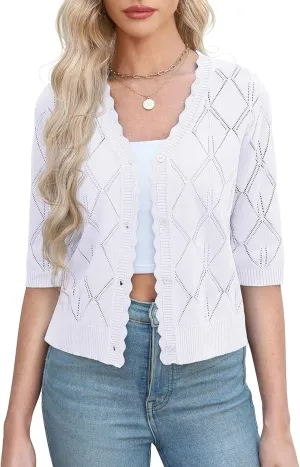 Women's 3/4 Sleeve Open Front Crochet Cropped Cardigans V Neck Heart Button Cardigan Shrug Bolero Sweater Tops