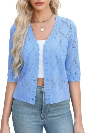 Women's 3/4 Sleeve Open Front Crochet Cropped Cardigans V Neck Heart Button Cardigan Shrug Bolero Sweater Tops