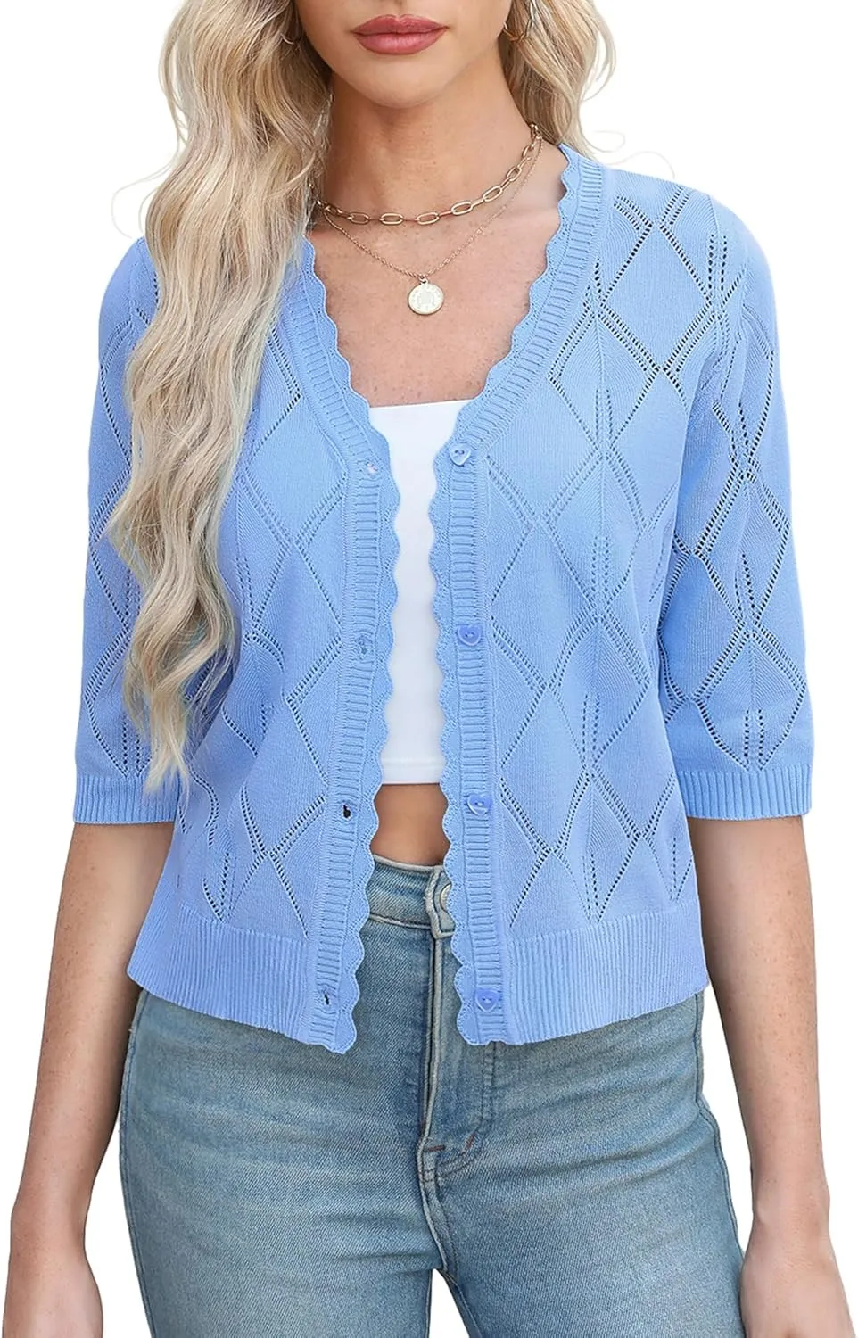 Women's 3/4 Sleeve Open Front Crochet Cropped Cardigans V Neck Heart Button Cardigan Shrug Bolero Sweater Tops