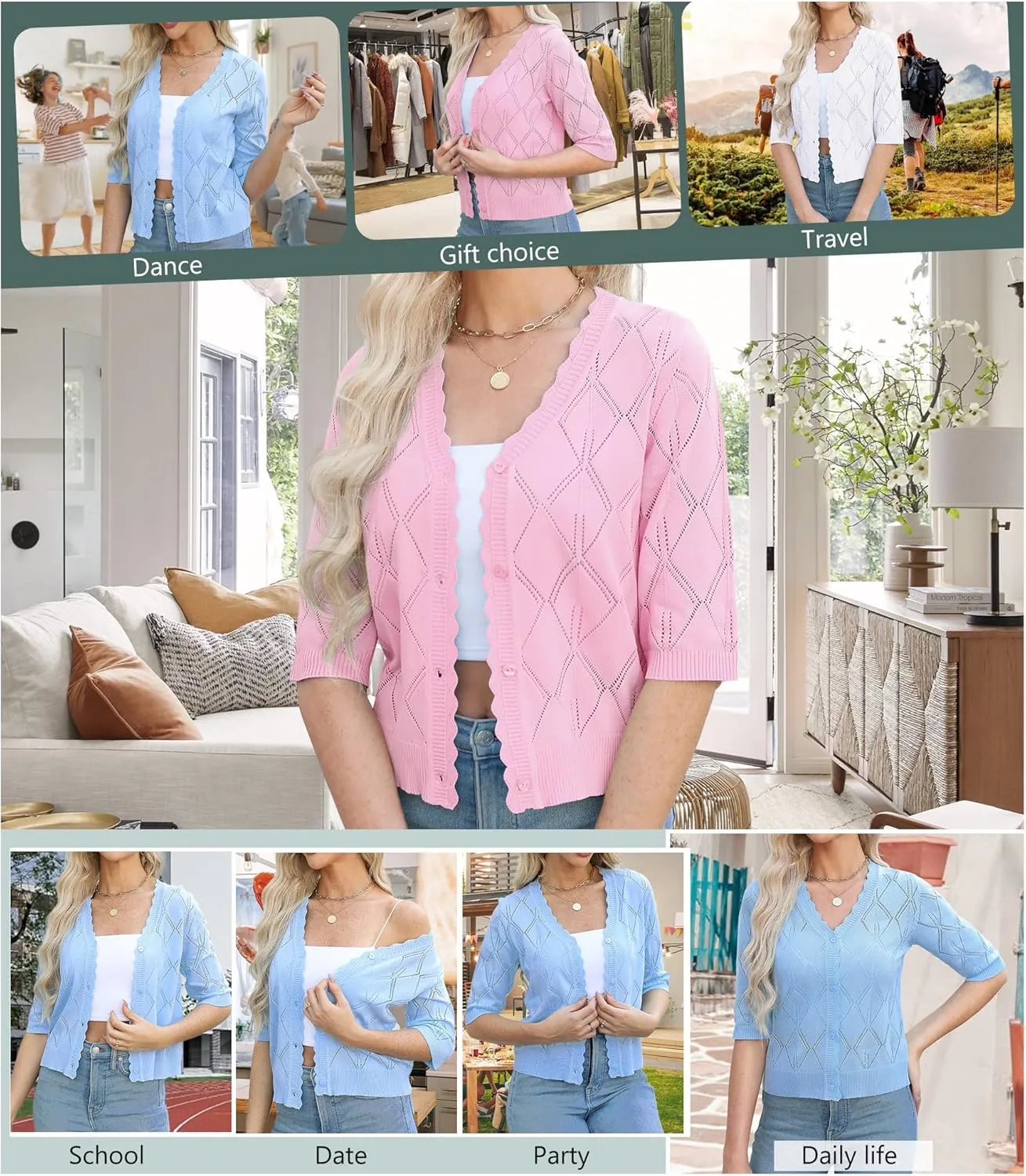 Women's 3/4 Sleeve Open Front Crochet Cropped Cardigans V Neck Heart Button Cardigan Shrug Bolero Sweater Tops