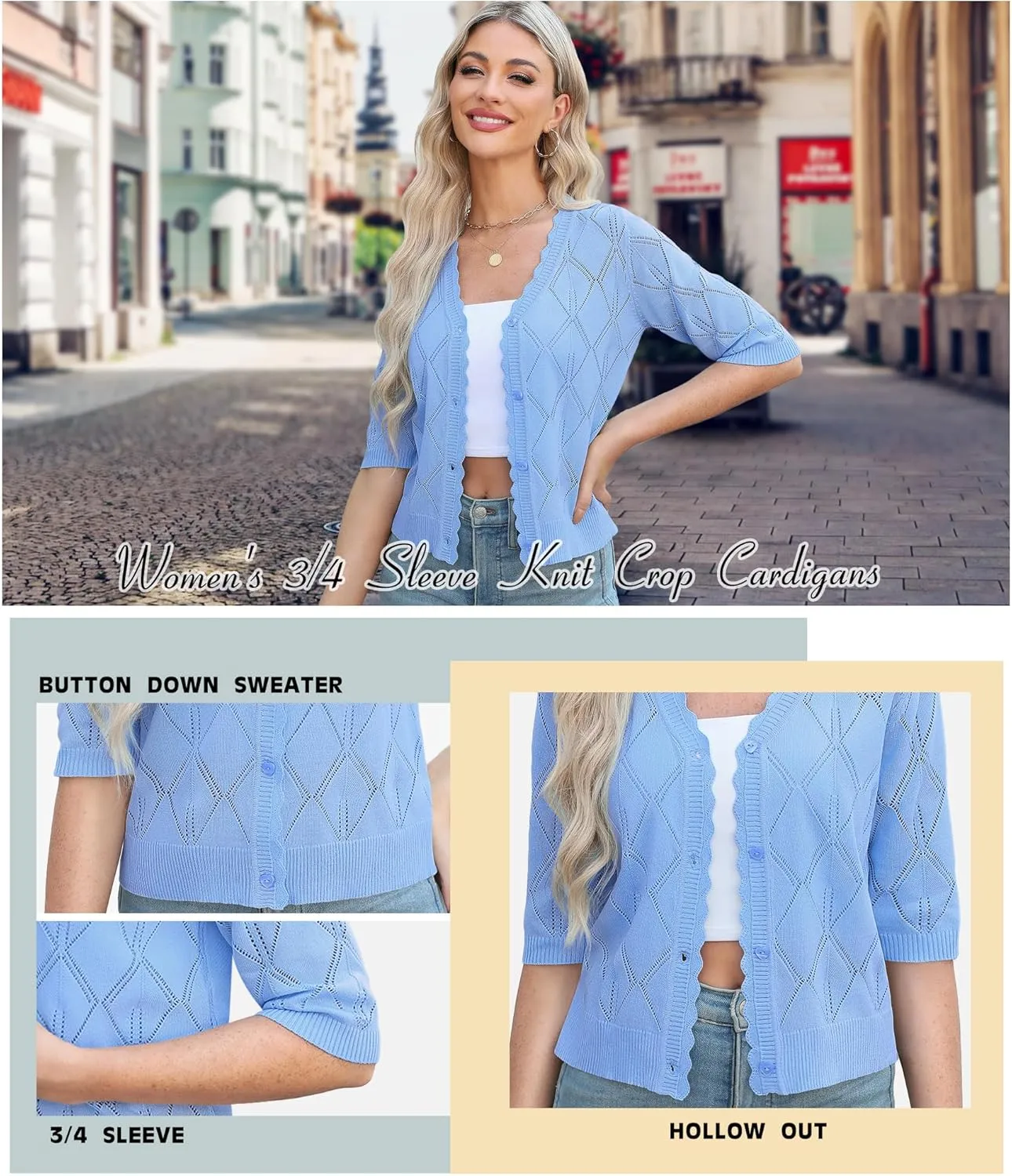 Women's 3/4 Sleeve Open Front Crochet Cropped Cardigans V Neck Heart Button Cardigan Shrug Bolero Sweater Tops