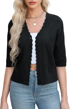 Women's 3/4 Sleeve Open Front Crochet Cropped Cardigans V Neck Heart Button Cardigan Shrug Bolero Sweater Tops