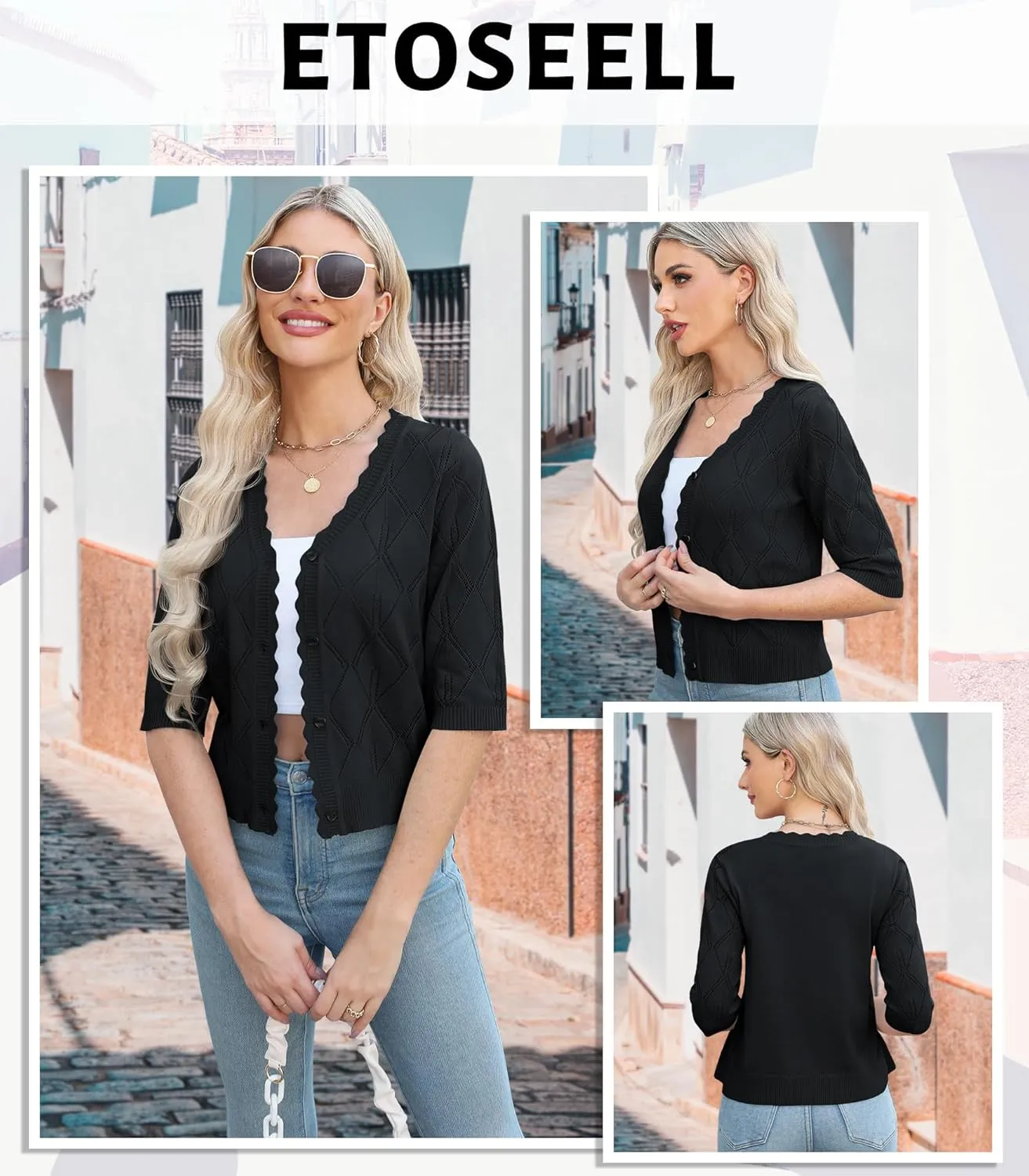 Women's 3/4 Sleeve Open Front Crochet Cropped Cardigans V Neck Heart Button Cardigan Shrug Bolero Sweater Tops