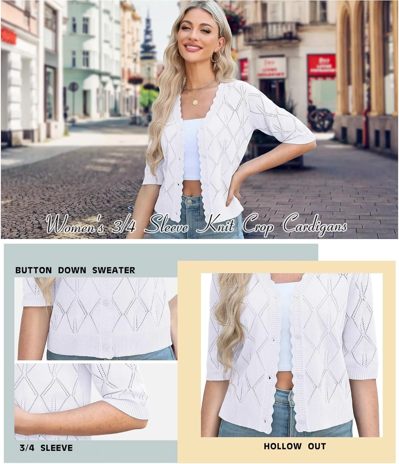 Women's 3/4 Sleeve Open Front Crochet Cropped Cardigans V Neck Heart Button Cardigan Shrug Bolero Sweater Tops