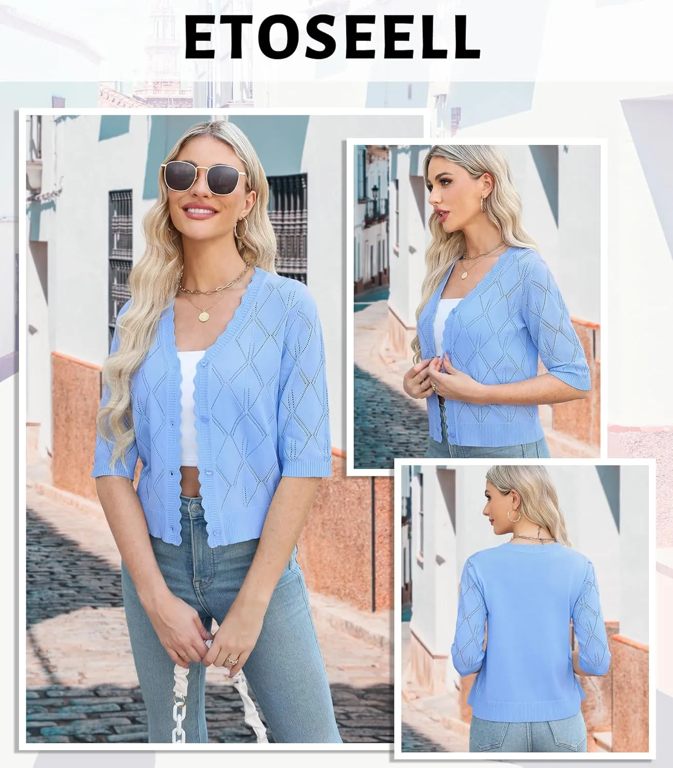 Women's 3/4 Sleeve Open Front Crochet Cropped Cardigans V Neck Heart Button Cardigan Shrug Bolero Sweater Tops
