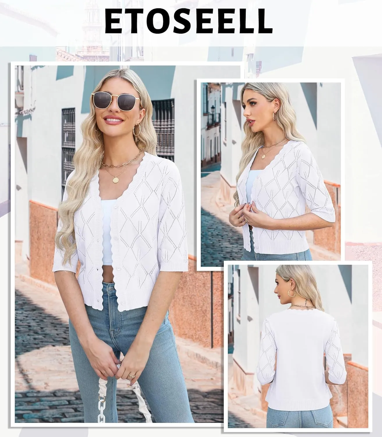 Women's 3/4 Sleeve Open Front Crochet Cropped Cardigans V Neck Heart Button Cardigan Shrug Bolero Sweater Tops