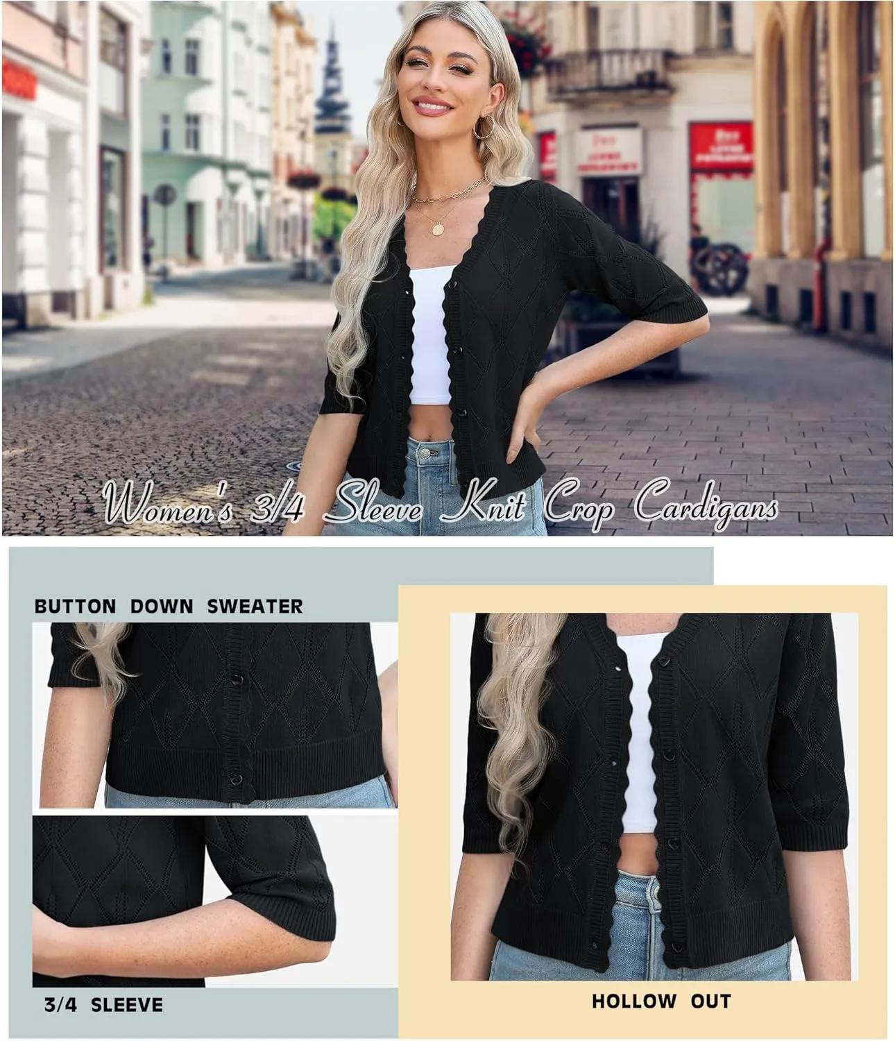 Women's 3/4 Sleeve Open Front Crochet Cropped Cardigans V Neck Heart Button Cardigan Shrug Bolero Sweater Tops