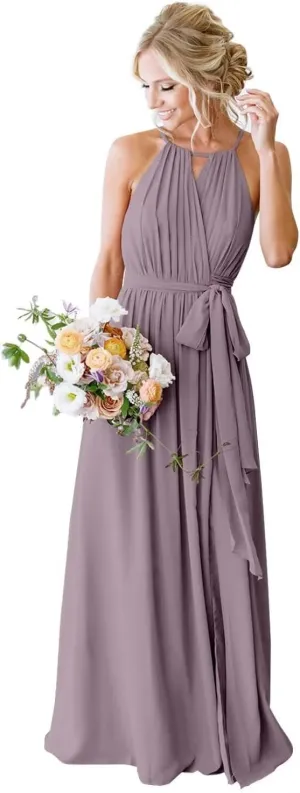 Womens A Line Halter Neck Bridesmaid Dress, Pleated Chiffon Long Formal Evening Party Gown with Pockets